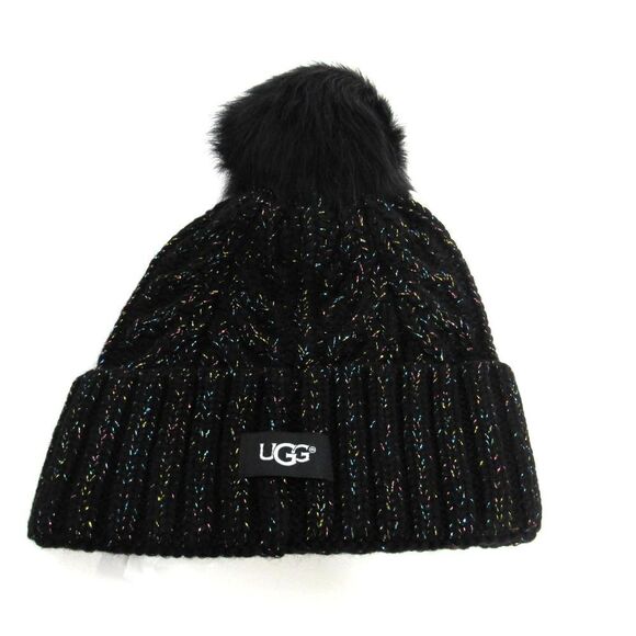 UGG Women\'s Black Metallic W Plaited Pom Beanie